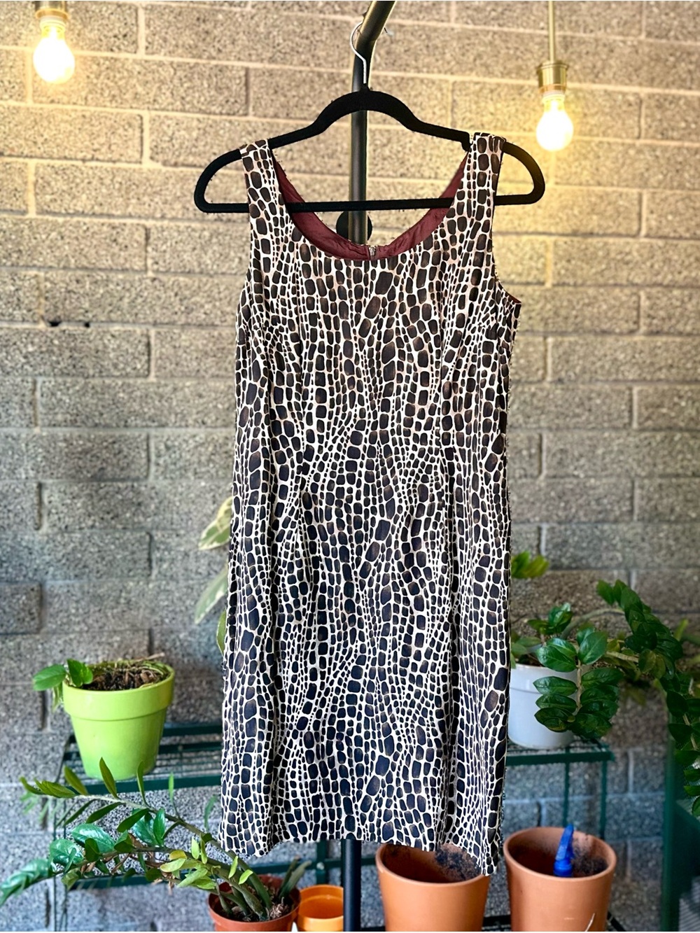Vintage 90s Sleeveless Brown Abstract Crocodile Print Sheath Dress